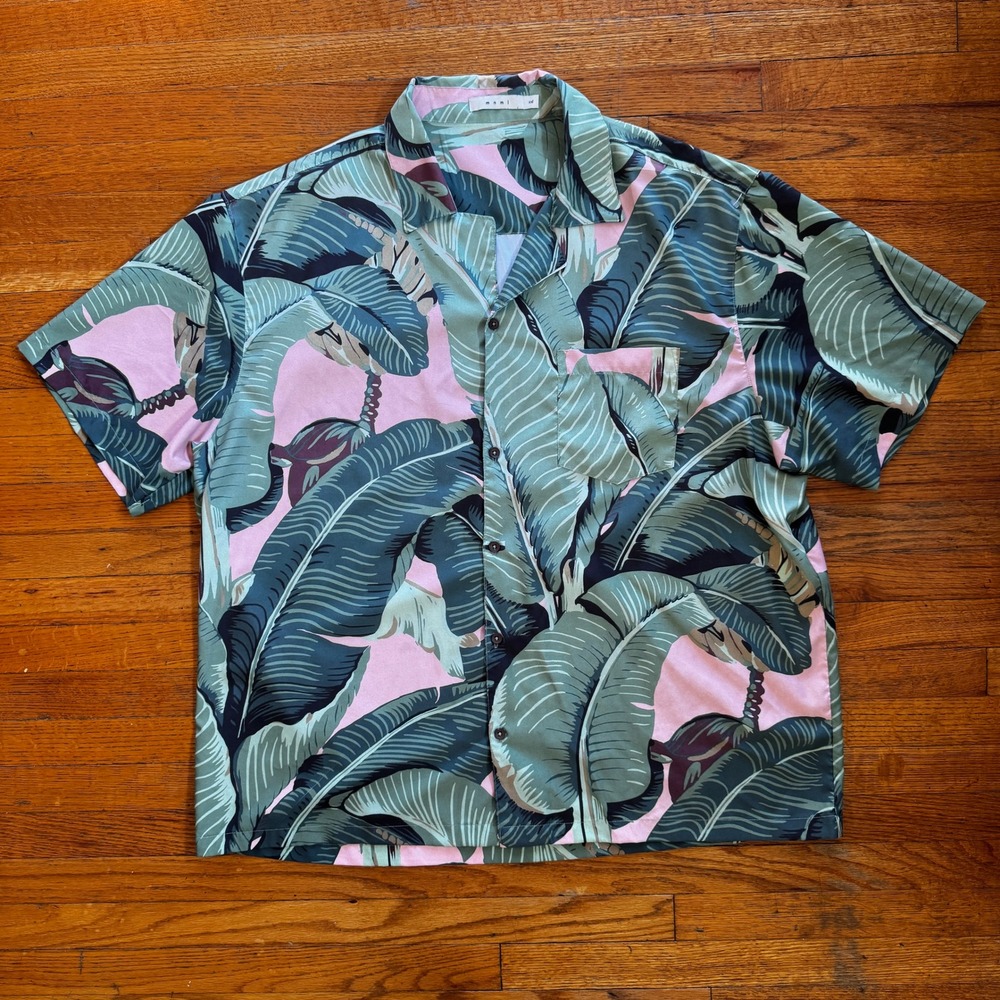 Mnml Mens XXL Tropical Banana Leaf Camp Collar Button Down Shirt Pink Green